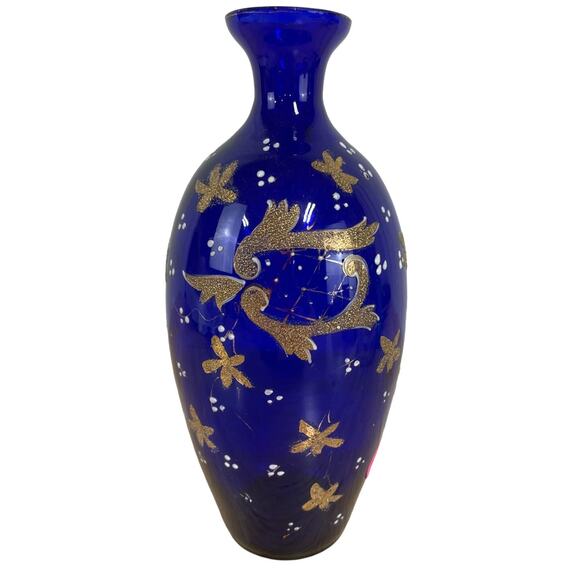 Vintage Signed Moser Art Glass Cobalt Blue Vase Gold Gilt Good Condition - Picture 1 of 12